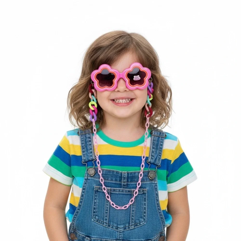 Kids Pink Flower Sunglasses with Colorful Chain